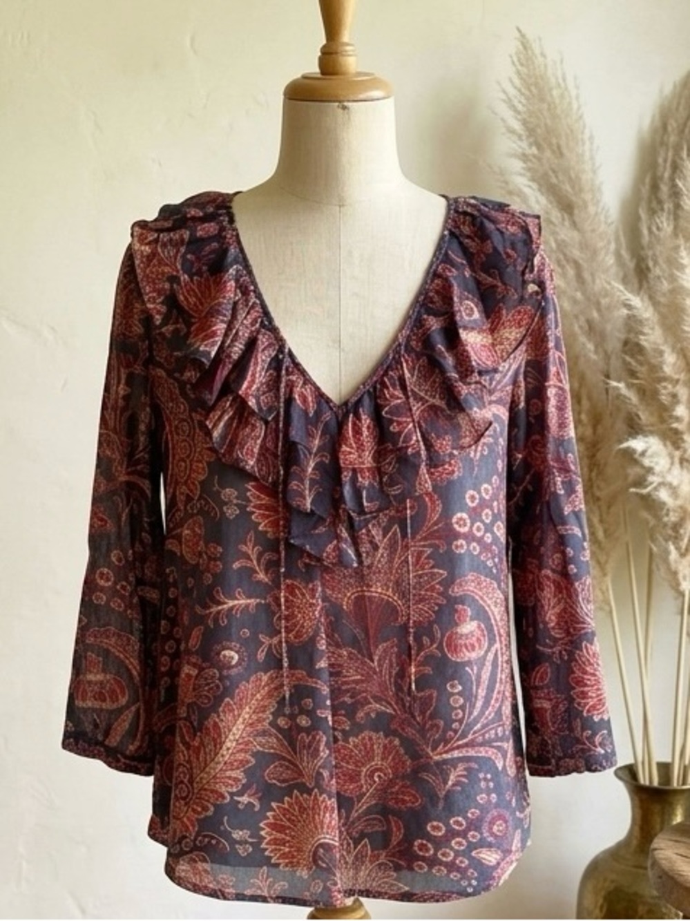 Ralph Lauren Ruffle Collar Paisley Blouse | Boho Chic Cottagecore | Size Large